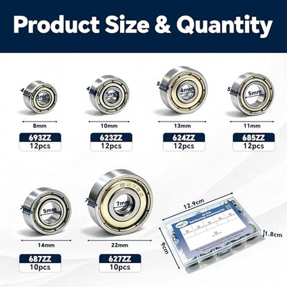 68 Pcs Ball Bearings Assortment Kit 693ZZ/ 623ZZ/ 624ZZ/ 685ZZ/ 687ZZ/ 627ZZ Roller Bearings, Small Bearings Carbon Steel Deep Groove Bearing, for Furniture Wheel, Roller Skates, 3D Printing