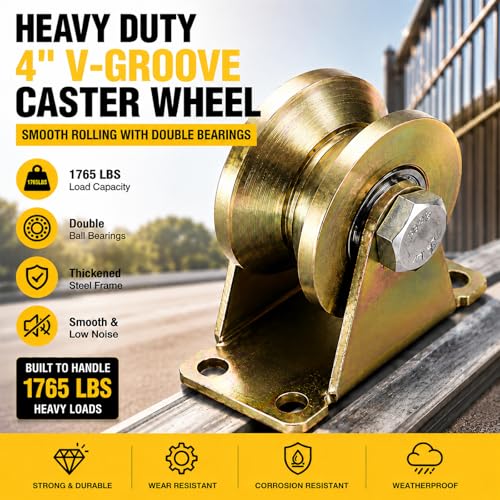 Lyplus Heavy Duty 4" V-Groove Caster Wheel Set for Square Metal Tracks, 1765 LBS Capacity per Wheel, Rust-Proof Pulley Kit, 2-Pack, Galvanized Steel - size: 4in-V 2Pack