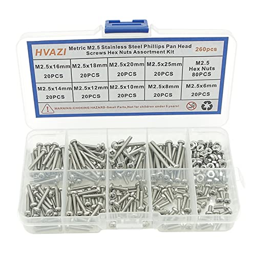 260PCS Metric M2.5 304 SS Phillips Pan Head Machine Screws & Nuts Kit - size: M2.5