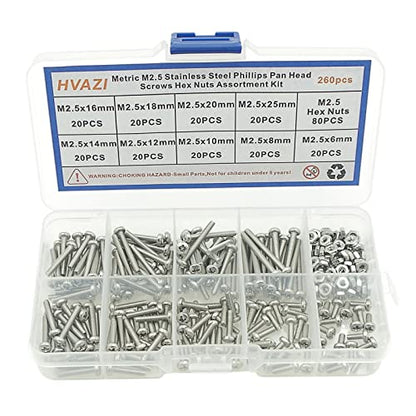 260PCS Metric M2.5 304 SS Phillips Pan Head Machine Screws & Nuts Kit - size: M2.5