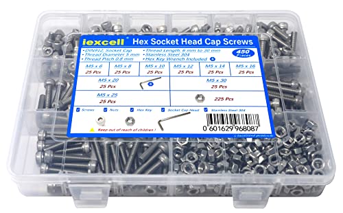 iexcell 450 Pcs M5 x 6/8/10/12/14/16/20/25/30 Stainless Steel 304 Hex Socket Head Cap Screws Bolts Hex Nuts Assortment Kit - size: M5 x 6/8/10/12/14/16/20/25/30mm
