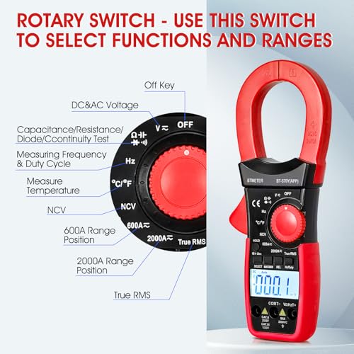 BTMETER Digital Clamp Meter Multimeter, 6000 Counts Bluetooth Multimeter, 2000A AC/DC Amp Tester, Measures Voltage, Ohms, Capacitance, Frequency, Temperature, NCV with Data Logging 570Y-APP