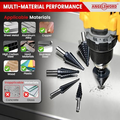ANGELSWORD Step Drill Bits, 50 Sizes, 5PCS M35 TiAlN Coated Step Drill Bit Set for Stainless Steel, High Carbon Steel, Hard Material and Sheet Metal, with Aluminum Case - style: M35 5 PC Set