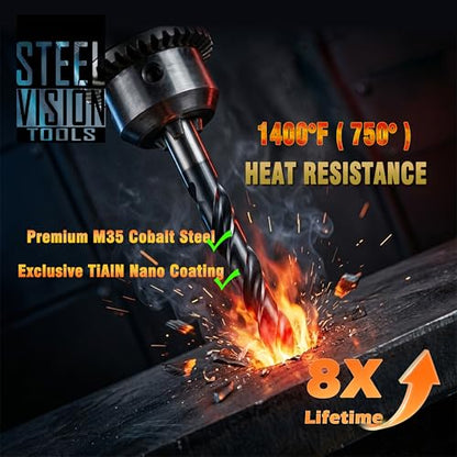 Steel Vision 29pc Hyper-Step M35 Cobalt Drill Bit Set, AlTiN Coated, 1/16" to 1/2" by 64ths, Split Point Metal Drill Bits for Stainless Steel, Hardened Steel, Cast Iron - style: 29 pc Stepped Drill