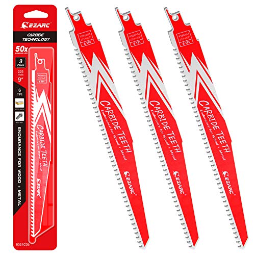 EZARC Carbide Reciprocating Saw Blades, 9-Inch 6TPI, Wood, Metal, 3-Pack - size: 9 Inch, style: 6 TPI