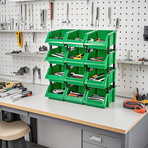 HOIGON 12 Pack Garage Storage Tool Bin, Green Plastic Hanging Stacking Stackable Organizer Storage Rack for Hardware Tools Organization, Workshop, Small Parts, 7.09 x 4.72 x 3.15 Inch