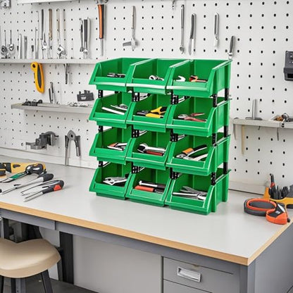 HOIGON 12 Pack Garage Storage Tool Bin, Green Plastic Hanging Stacking Stackable Organizer Storage Rack for Hardware Tools Organization, Workshop, Small Parts, 7.09 x 4.72 x 3.15 Inch