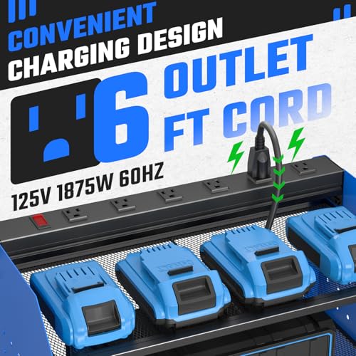 Power Tool Organizer Wall Mount 3 Layer Charging Station with 6 Outlets - color: Blue