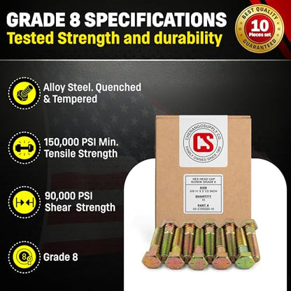 Chenango Supply 5/8-11 x 2-1/2" Grade 8 Hex Head Cap Screws - size: 5/8-11 x 2-1/2" Hex Bolt