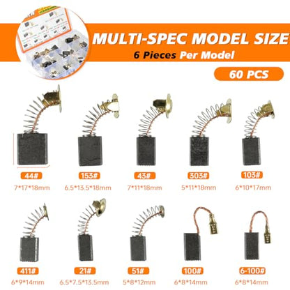 Electric Motor Carbon Brushes 60 Pcs 10 Different Sizes for Replacement Repair Power Tool Part