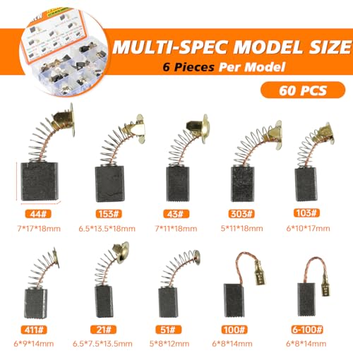 Electric Motor Carbon Brushes 60 Pcs 10 Different Sizes for Replacement Repair Power Tool Part