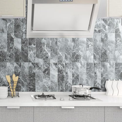 AULIGET 40-Piece Polished Grey Marble with Silver Peel and Stick Backsplash Wall Tiles, 3" x 12" PVC Faux Stone Stick on Tiles for Backsplash Kitchen, Bathroom, Laundry Room, Camper, Fireplace - color: Polished Grey Marble & Silver, size: 40 Pieces, 3"x12