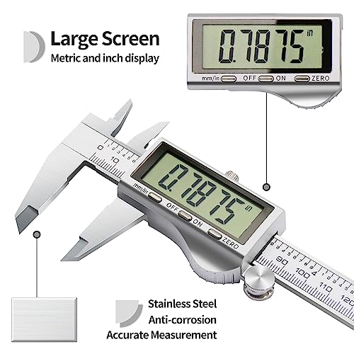 Digital Caliper, Vernier Calipers Measuring Tool, Stainless Steel Electronic Digital Calipers with Large LCD Screen, 6 inch/ 150mm, Auto - Off, Inch/mm Conversion
