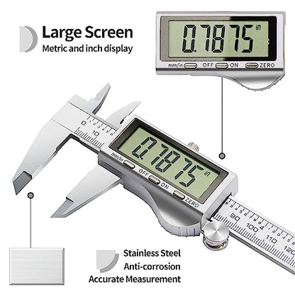 Digital Caliper, Vernier Calipers Measuring Tool, Stainless Steel Electronic Digital Calipers with Large LCD Screen, 6 inch/ 150mm, Auto - Off, Inch/mm Conversion
