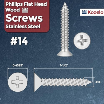 50pcs Phillips Wood Screws #14x1-1/2 304 Stainless Steel Silver - color: Silver, size: #14x1-1/2"