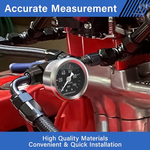 MEASUREMAN 0-100Psi Stainless Steel Glycerin Filled Fuel Pressure Gauge, 1-1/2" Black Dial, with 6AN Fuel Pressure Take Off Fitting Adapter Aluminum, 1/8" NPT Center Back Mount - size: 0-100 psi, style: Back Mount 6AN Adapter (Black Dial)