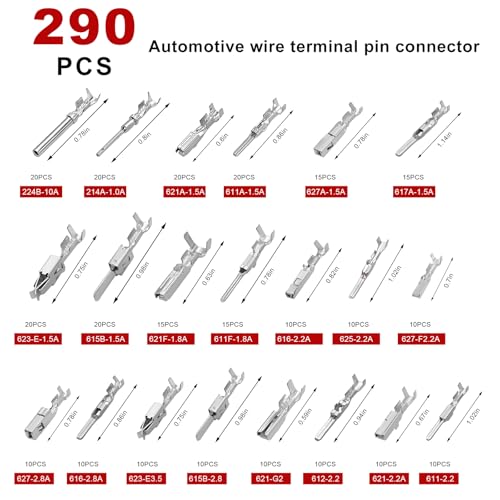 290PCS Car Electrical Wire Terminal Pins Connector, 1/1.5/1.8/2.2/2.8/3.5mm 21Type Electric Connector Wire Pin, Large Quantity Non-Insulated Plug Male Female Crimp Pins