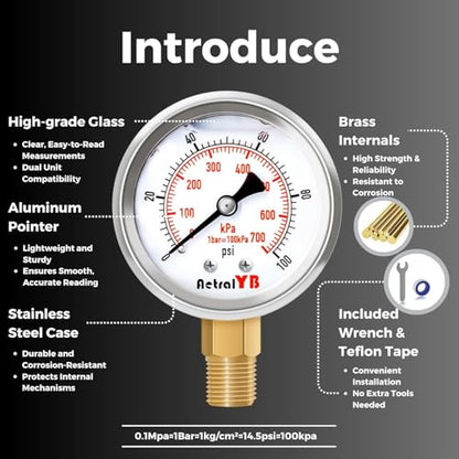 2 Inch Dial Pressure Gauge, 100Psi, Bottom Mount, 2 Pack