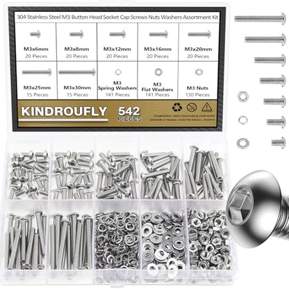 542 Pieces M3 x 6/8 /12/16 /20/25 /30mm Button Head Socket Cap Screws Nuts Washers Assortment Kit, 304 Stainless Steel, Fully Machine Thread - size: M3, style: Button Head