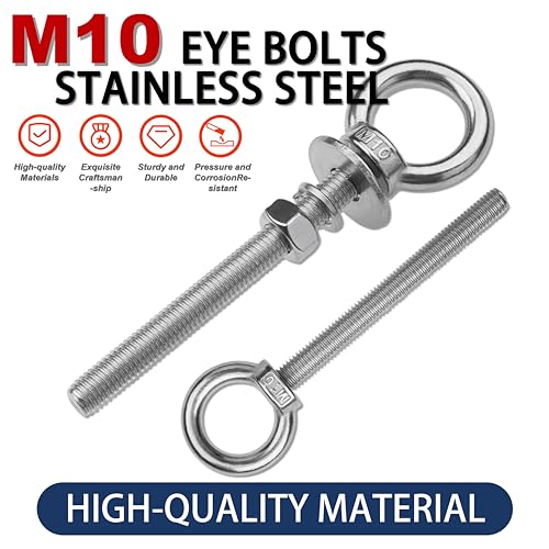 2 Pack M10 Stainless Steel Eye Bolts with Nuts, 3/8" x 4" Eye Bolts - size: M10x102mm (3/8"x4")