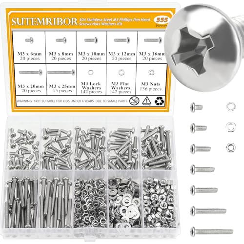 555 Pieces M3 Machine Screws Nuts Washers Set, Sutemribor M3 x 6/8/10/12/16/20/25mm Phillips Pan Head Machine Screws Nuts Washers Assortment Kit, 304 Stainless Steel, Fully Threaded - size: M3 Screws Kit, style: Phillips Pan Head