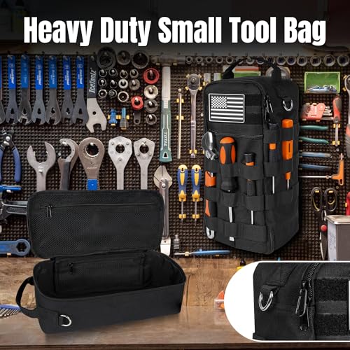 13 Inch Portable Small Tool Bag, Heavy Duty Tool Organizer Bag with Shoulder Strap and D-ring Clip, Tactical Tool Bag, Tool Pouch Bag for Electricians, Carpenters, HVAC Technicians (Black) - color: Black