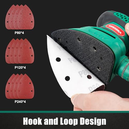 HYCHIKA Detail Sander,140W Electric Sander, up to 13000OPM, 1.2A Palm Sander Tool with 12pcs Sandpapers, with Efficient Dust Collection System, Compact Hand Sander for Woodworking - style: Detail Sander with 12 Sanderpapers
