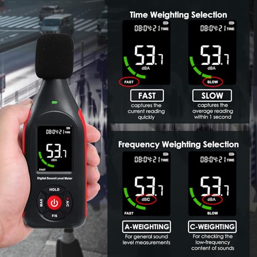 Decibel Meter Data Logger Sound Level Meter with 3-Color Display and Alarm