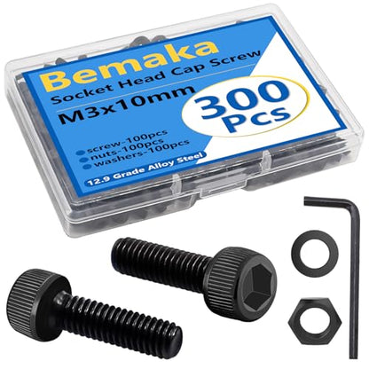 300PCS M3 x 10mm Hex Socket Head Cap Screws with Nuts and Washers, 12.9 Grade Alloy Steel M3 Bolts with Hex Wrench - color: BK-M3 x 10mm