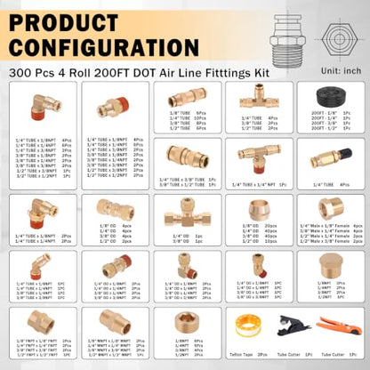 CheeMuii 300PCS Brass DOT Air Line Fittings with 4 Roll 200FT DOT Air Lines - size: 200FT-4ROLL-300PCS