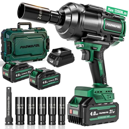 2026 New Upgrade 900ft-lbs(1200N.m) Impact Wrench, High Torque 1/2 Impact Gun with 21V 2x4.0AH Battery, Fast Charger & 5 Sockets, 3500IPM Brushless Impact Driver for Home Car Truck Tires - color: Green