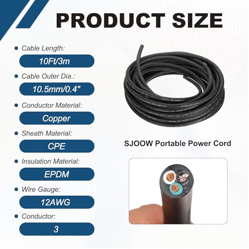 MECCANIXITY 12/3 SJOOW Electrical Wire Cable 10ft 12 AWG 3 Conductor UL - size: 12AWG*10ft, style: 3 Conductor