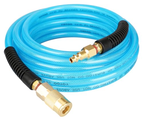 YOTOO Reinforced Polyurethane Air Hose 1/4" Inner Diameter by 25' Long, Flexible, Heavy Duty Air Compressor Hose with Bend Restrictor, 1/4" Swivel Industrial Quick Coupler and Plug, Blue - size: 25 FT