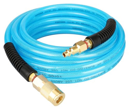YOTOO Reinforced Polyurethane Air Hose 1/4" Inner Diameter by 25' Long, Flexible, Heavy Duty Air Compressor Hose with Bend Restrictor, 1/4" Swivel Industrial Quick Coupler and Plug, Blue - size: 25 FT