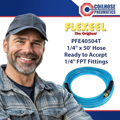 Coilhose Pneumatics PFE40504T Flexeel Reinforced Polyurethane Air Hose, 1/4-Inch ID, 50-Foot Length with (2) 1/4-Inch MPT Reusable Strain Relief Fittings, Transparent Blue - color: Transparent Blue, size: 1/4" X 50 Feet, 1/4" FTG