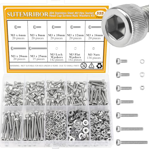 555 Pieces M3 Screws Nuts Washers Set, Sutemribor M3 x 6/8/10/12/16/20/25mm Hex Socket Head Cap Screws Nuts Washers Assortment Kit, 304 Stainless Steel, Fully Threaded - size: M3 Screws Kit, style: Socket Head