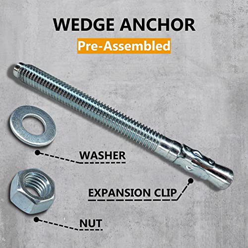 Party Animals 3/8 x 3-3/4 Inch Wedge Anchor, 10 PCs Zinc-Plated Industrial Anchor Bolts for Cement, Concrete