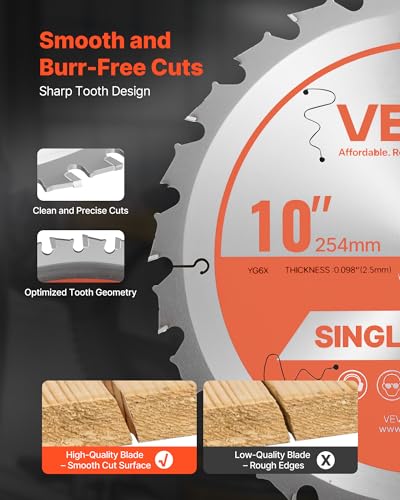 VEVOR Circular Saw Blade, 10 inch Diameter, 24 Sharp Alloy Teeth, 5/8 inch Arbor, Fine Finish, Wood Cutting Blade for Circular Saw, with Noise-Reducing Heat Vents, for Cutting Plywood, OSB, Hardwood - size: 10“ & 24T