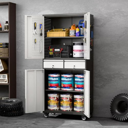 Reemoon 71" H Metal Garage Cabinet with Pegboard and 2 Drawers,Black-Silver - color: Black-silver, size: 15"D x 30.1"W x 71"H