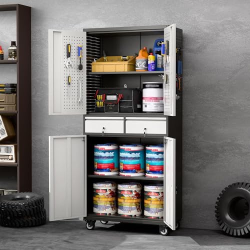 Reemoon 71" H Metal Garage Cabinet with Pegboard and 2 Drawers,Black-Silver - color: Black-silver, size: 15"D x 30.1"W x 71"H