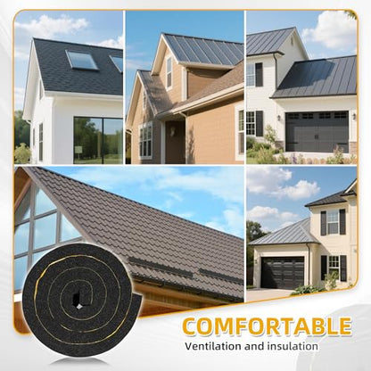 4PCS 6.6ft x 1.4in Metal Roof Foam Closure Strips Roll, Universal Vented Ridge Material with Self Adhesive, Polyurethane (PU) Insulating Felt Panels for Metal Roofing, Black - size: 26.4' Total, 1.4"w