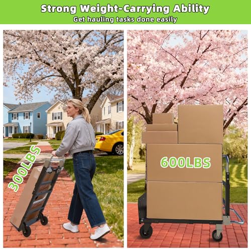 3 in 1 Folding Hand Truck, 600Lbs Capacity, Heavy Duty Collapsible Cart with Retractable Handle and 4 Rubber Wheels, Moving Dolly for Moving Home, Office, Food Service, Shopping Mall, Warehouse - color: Black