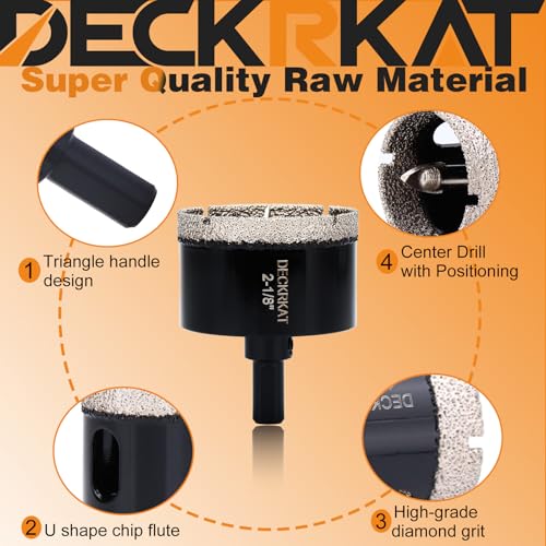 DECKRKAT 2-1/8"Diamond Hole-Saw Bits with Pilot Drill Bit - 2-1/8"Diamond Tipped Tile Hole Saws with Guiding Bit Accurate Drilling for Porcelain Tile Ceramic Pottery Granite Stone Glass Bottles 55mm - size: 2-1/8" X 1Pcs
