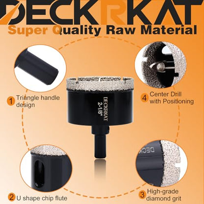 DECKRKAT 2-1/8"Diamond Hole-Saw Bits with Pilot Drill Bit - 2-1/8"Diamond Tipped Tile Hole Saws with Guiding Bit Accurate Drilling for Porcelain Tile Ceramic Pottery Granite Stone Glass Bottles 55mm - size: 2-1/8" X 1Pcs