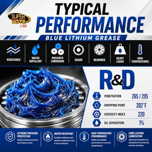 Blue and Tacky Lithium Grease Superkote 2000 | NLGI 2 | Lubricant Grease | Extreme Pressure | High Temperature | Heavy Duty | Wheel Bearing Grease | Marine | Automotive | Blue Grease | 360 gr Can