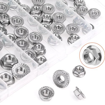 HELIFOUNER 80 Pieces 5 Sizes Flange Nuts, Serrated Flange Hex Lock Nuts Assortment Kit, 304 Stainless Steel (#6-32#8-32#10-24 1/4"-20 5/16"-18) - size: #6-32, #8-32, #10-24, 1/4"-20, 5/16"-18