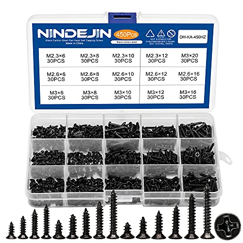 NINDEJIN 450PCS Miniature Phillips Flat Head Tapping Screws, M2.3 M2.6 M3 Countersunk Repair Screws Assortment Set, Black Self-Tapping Electronic Screw for Computer PC Pan Motherboard Glasses Watches - color: Black 450