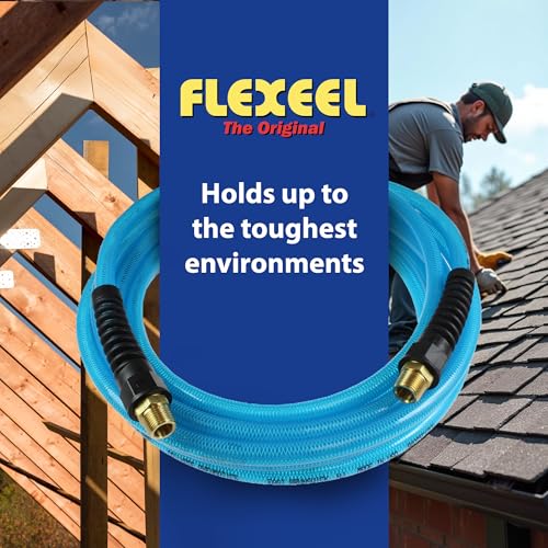 Coilhose Pneumatics PFE40504T Flexeel Reinforced Polyurethane Air Hose, 1/4-Inch ID, 50-Foot Length with (2) 1/4-Inch MPT Reusable Strain Relief Fittings, Transparent Blue - color: Transparent Blue, size: 1/4" X 50 Feet, 1/4" FTG