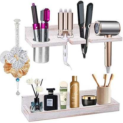 Wall Mount Hair Tool Organizer, 2 Tier Rustic Wooden Blow Dryer Holder - color: White