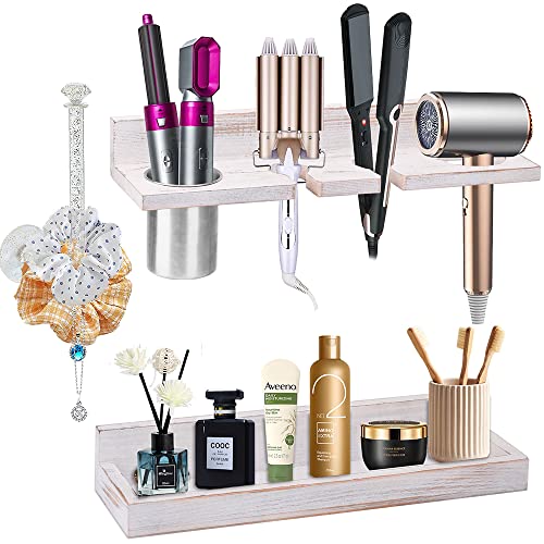 Wall Mount Hair Tool Organizer, 2 Tier Rustic Wooden Blow Dryer Holder - color: White